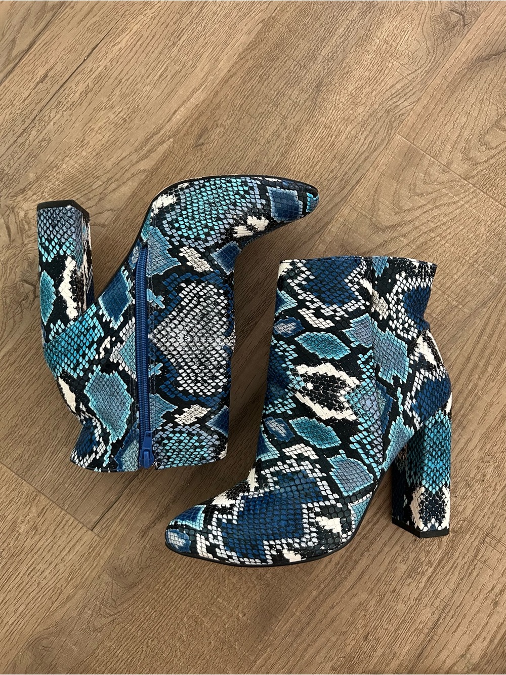 Shoe Dazzle Blue Snake-Print Block Heel Ankle Boots